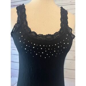 Zena Y2K 90s 80s Tank Top Lace trim Preppy Cami Black Shirt Blouse Rhinestones